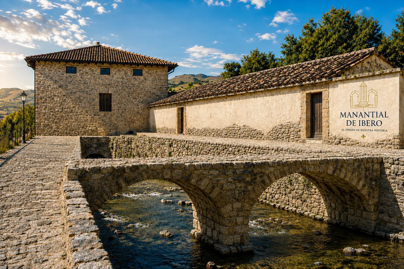 Manantial de IBERO — the historic stone property and arched bridge over the spring river in Navarra