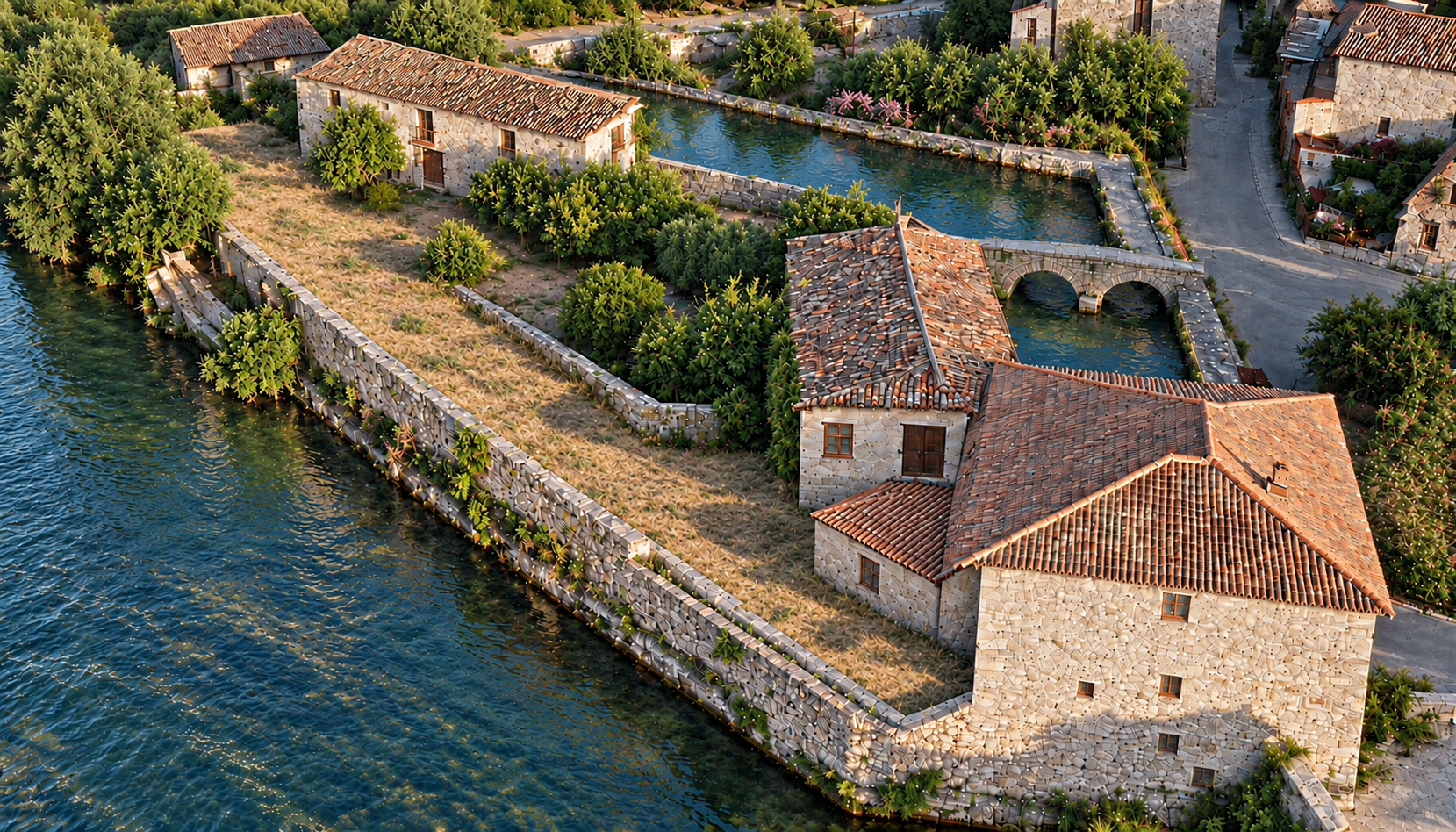 Manantial de IBERO — elevated view of the stone buildings, water channels and double-arched bridge beside the river in Navarra